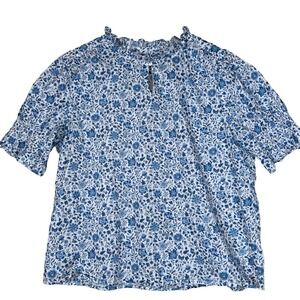 J Crew x Liberty Top XL Blue White Floral Ruffle Neck Cotton Short Sleeve *Read*
